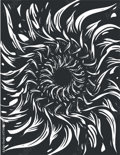 An abstract swirl design featuring dynamic shapes and a monochrome color scheme.