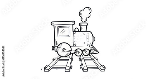Hand-drawn Cartoon Steam Train on Wooden Railroad Tracks.