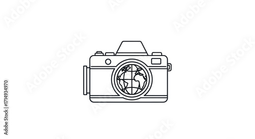 Minimalist line art illustration of a vintage camera with a globe in the lens.