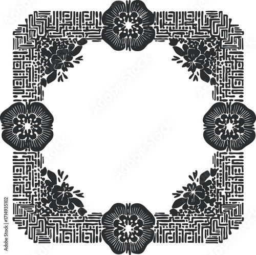 Stylish black floral frame design with intricate patterns suitable for various artistic uses.