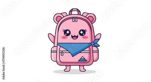 Cute Pink Backpack Cartoon Character with Bear Ears and Blue Bandana.