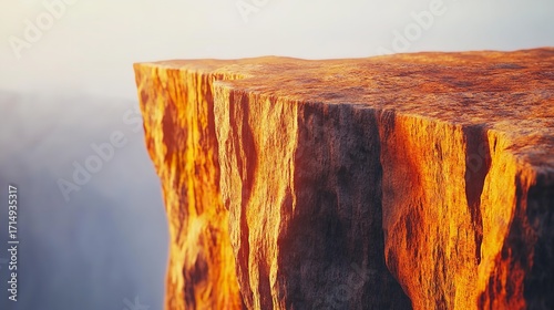 Discovering the edge of the world on a sandstone cliff bathed in the warm glow of sunset with textured rock