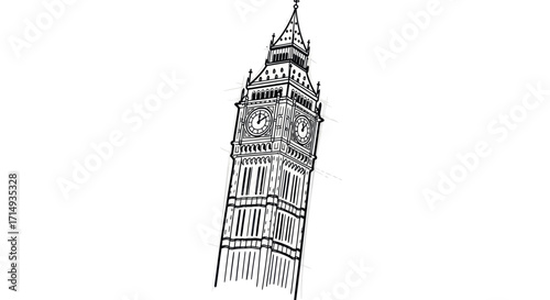 Hand-drawn line art illustration of Londons iconic Big Ben clock tower from a low angle view.