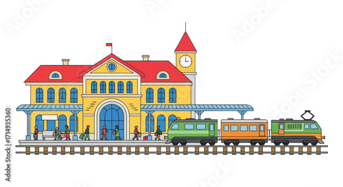 Colorful Cartoon Illustration of a Train Station with Train.