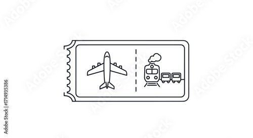 Simple line art icon of a travel ticket for airplane and train transportation.