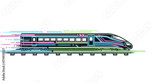 Futuristic Neon High-Speed Train on Tracks with Motion Blur.