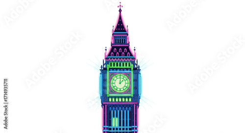 Vibrant Neon Big Ben Clock Tower London Landmark Illustration.