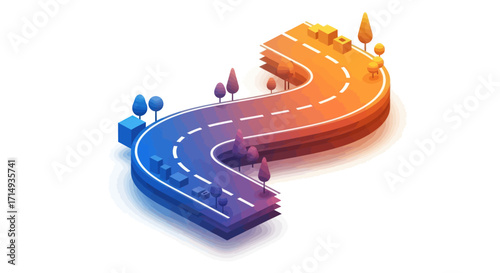 A winding colorful road with trees and streetlights symbolizing a journey.