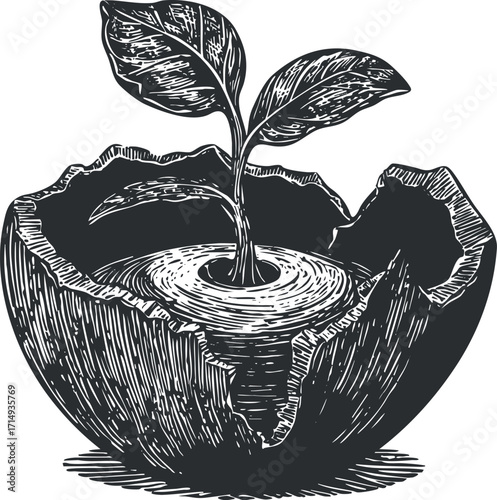 A detailed illustration of a growing plant emerging from a cracked bowl symbolizing renewal and growth.