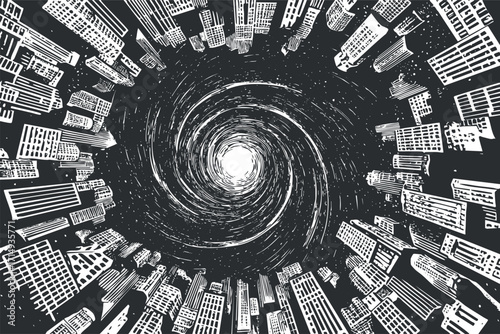 An abstract illustration of a swirling city skyline in black and white.
