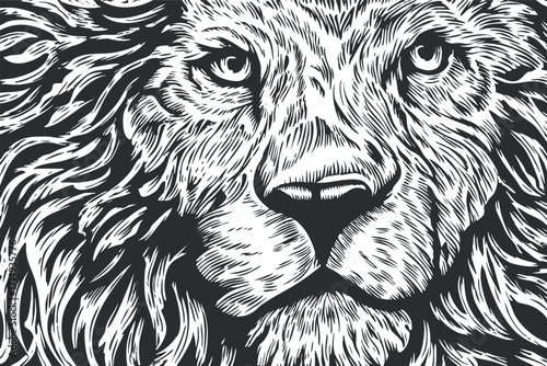 A detailed black and white illustration of a lion's face showcasing strength and majesty.