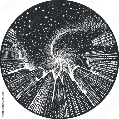 A unique illustration of a city skyline under a starry sky swirling into space.