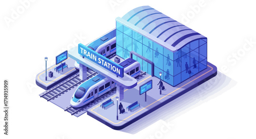 Modern Train Station with Sleek High-Speed Trains and Glass Building.