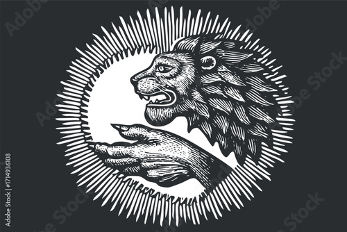 Detailed vintage illustration of a lion's head and hand within a circular design.