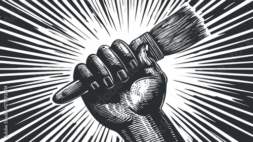 A powerful hand gripping a paintbrush symbolizes creativity and artistic expression in a vintage style.