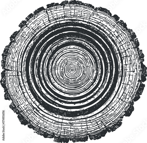 Detailed illustration of a tree trunk cross-section showing annual growth rings and texture.