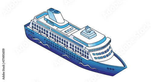 Isometric Blue and White Cruise Ship Illustration.