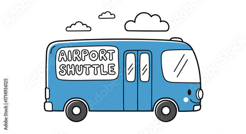 A cute blue cartoon airport shuttle bus with a smiling face and simple line art.
