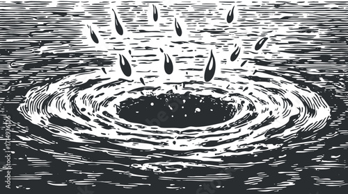 An abstract black and white illustration of ripples created by water drops hitting the surface.