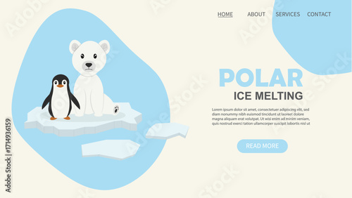 Polar Ice Melting banner. Website landing page template about polar ice melting with polar bear and penguin. Global warming concept. Polar ice melting. Flat style. Vector illustration