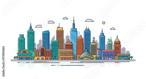 Colorful Cityscape Skyline with Modern Buildings and Architectural Diversity.