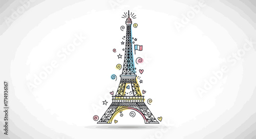 Stylized Eiffel Tower illustration with intricate patterns and decorative elements.