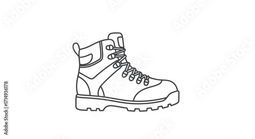 A simple black and white line art illustration of a single rugged hiking boot.