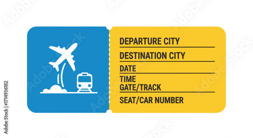 Digital Travel Ticket Template with Airplane and Train Icons.