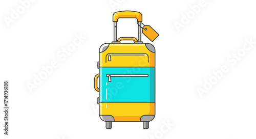 Yellow and turquoise rolling suitcase with luggage tag ready for travel.
