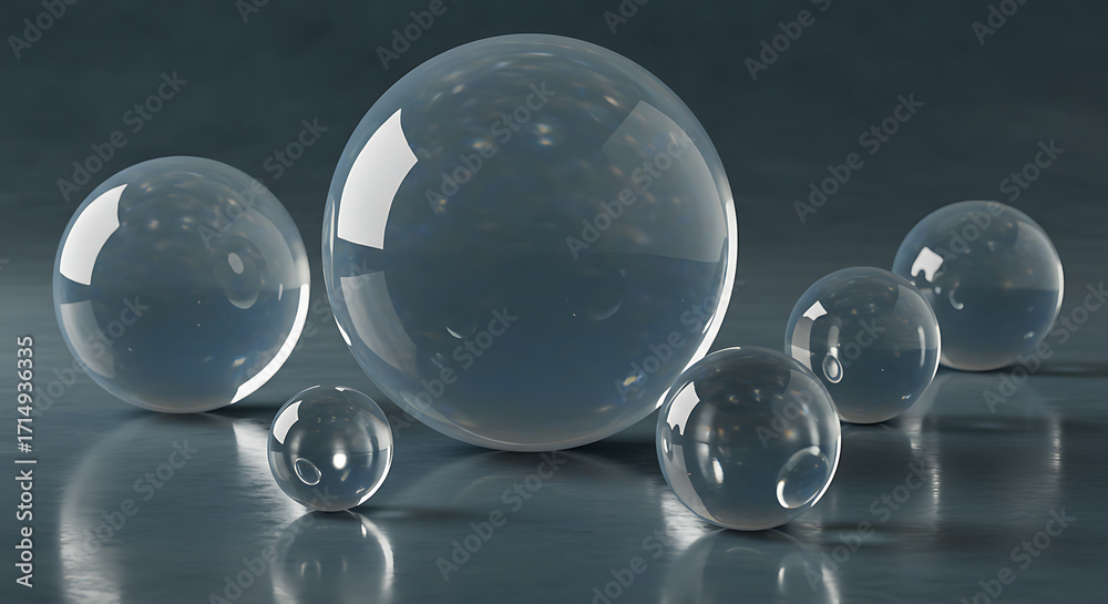 Fototapeta premium A collection of crystal clear glass spheres of various sizes reflecting light on a glossy surface, creating an abstract and minimalist composition