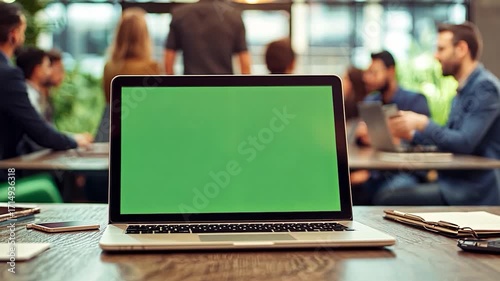 Team of Industrial Engineers Have Important Meeting. Presentation laptop Display Shows Mock-up Green Screen. In the Background Factory is Seen.