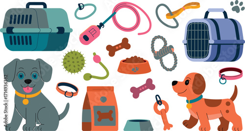 Colorful dog pet supplies accessories collection including carriers, toys, leashes, food bowls, collars for pet care illustration
