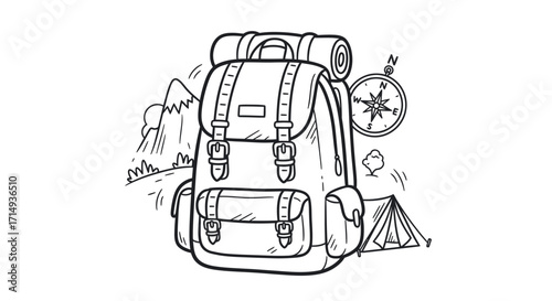 Hand-drawn illustration of a classic hiking backpack with camping gear.