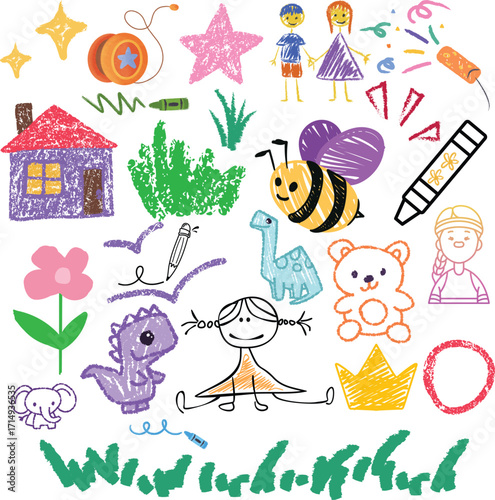 Childlike Drawings, Kids Doodle Set, Crayon Art, Kindergarten, Preschool, Back to School, Hand-drawn Illustration, Cute, Whimsical, Fun, Colorful, Vector, Clipart, Design Elem
