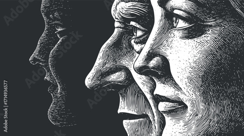 Illustration of three human profiles showcasing different ages and expressions in black and white.