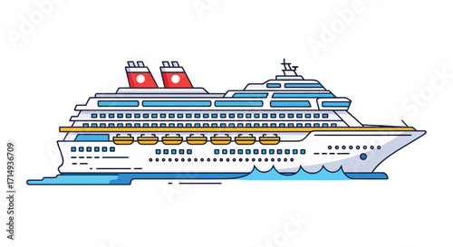 Large White Passenger Cruise Ship Illustration with Red Funnels.
