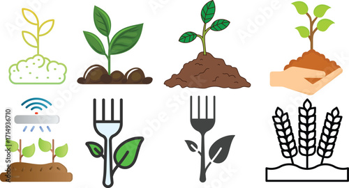 Agriculture Icons Farming, Gardening, and Sprinkler System Illustrations