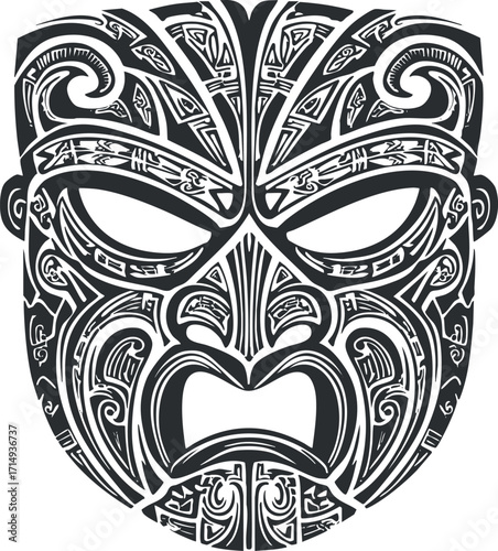 A detailed tribal mask design featuring intricate patterns and cultural symbolism.