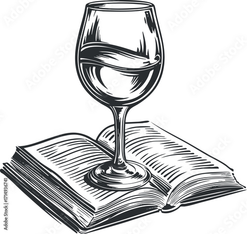 A wine glass resting on an open book, symbolizing relaxation and the joy of reading.