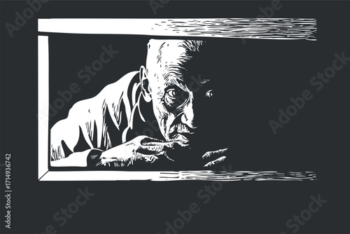 A moody illustration of an elderly man looking out from a window with a contemplative expression.