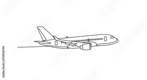Simple Line Drawing of a Modern Airplane in Flight.