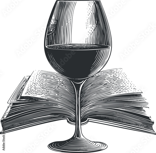 A vintage illustration of a wine glass resting on an open book symbolizing relaxation and culture.