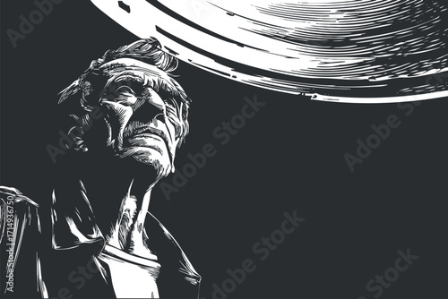 A dramatic black and white illustration of a mature man looking up with a thoughtful expression.