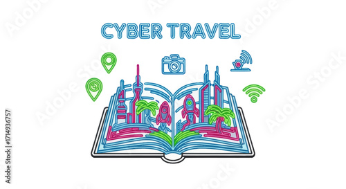 Open Book with Cyber Cityscape and Travel Icons.