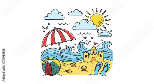 Colorful Hand-Drawn Beach Scene Illustration with Sun Waves Sandcastle and Umbrella.