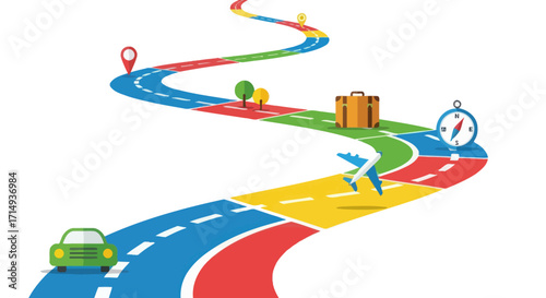 Colorful Winding Road with Travel Icons and Car.