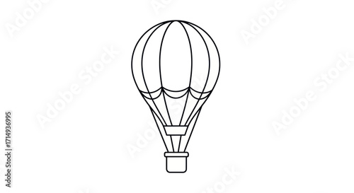 Simple black and white line art illustration of a classic hot air balloon with a basket.