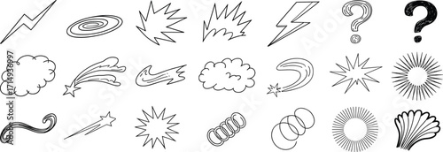 Hand drawn action lines motion effects collection with speed, explosion, lightning, clouds, swirls for comic book design