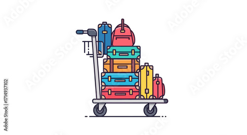 Colorful Luggage Stacked High on Airport Baggage Cart.