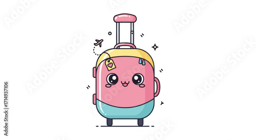 Adorable Pink and Teal Cartoon Suitcase with Wheels.